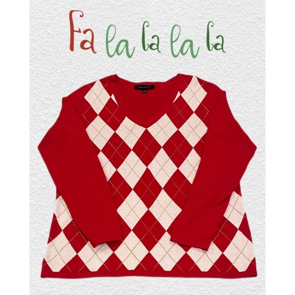 “Tommy Hilfiger” Sweater Women's Sz L Argyle Holiday Sweater Red White Metallic - Picture 2 of 8